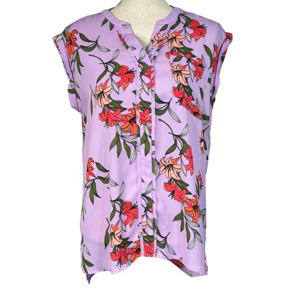Worthington Medium Top Floral Dolman Cap Sleeves V-Neck Pocket Semi-Sheer Hi-Low
